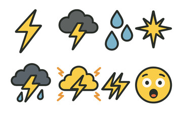 Colorful Lightning Icons. Flat vector mini-illustrations lightning strikes in colors children's illustrations: lightning bolt,