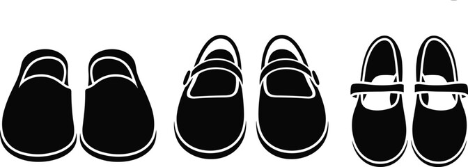 Silhouette of three pairs of shoes and slippers in different styles, black vector illustration, footwear icons, fashion and comfort concept.