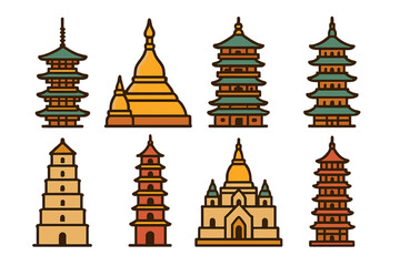 Colorful Pagodas Grid. Flat vector mini-illustrations famous pagodas in colors children's illustrations: To-ji Pagoda, Shwedagon