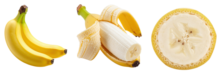 Banana in all its glory: A tantalizing triptych showcasing a perfectly ripe banana, featuring its whole form, a partially peeled display, and an inviting cross-section.