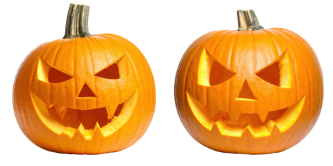 Festive Carved Pumpkins: A pair of intricately carved pumpkins, illuminated from within, display their menacing smiles, creating a captivating atmosphere for Halloween night. 