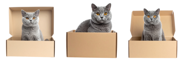 Curious Cat in Box: A trio of British shorthair cats in various poses within cardboard boxes, exuding charm and curiosity. A heartwarming scene, capturing the playful nature of these beloved pets