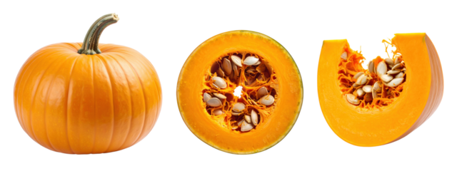 Pumpkin in Three Ways: A captivating composition of pumpkin, showcasing its full form, cross-section, and a slice, inviting culinary imagination and autumnal reverie.