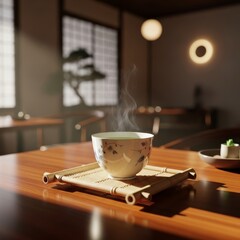 Hot green tea in porcelain teacup, placed on bamboo tray, Japanese-inspired café corner