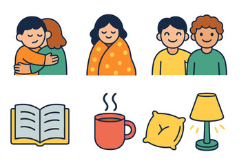 Comfort in Colors. Flat vector mini-illustrations depression coping in colors children's illustrations: comforting hug, warm