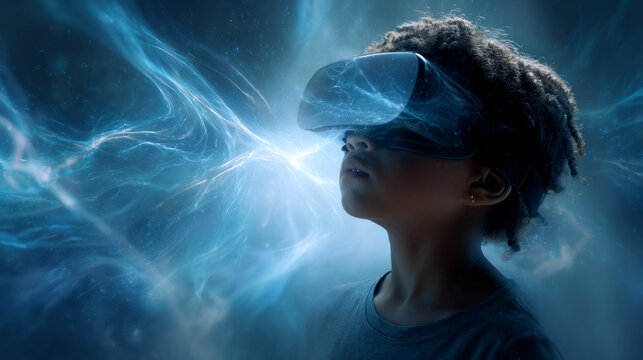 Child using virtual reality headset for metaverse, child looking into VR glasses. Little girl boy with futuristic glasses having fun, teenager playing video games. Technology, simulator, oculus future