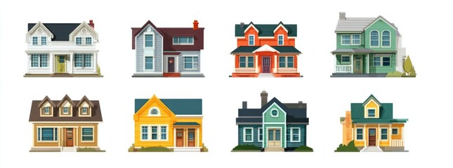 Colorful illustrations of various residential houses with different architectural styles and colors