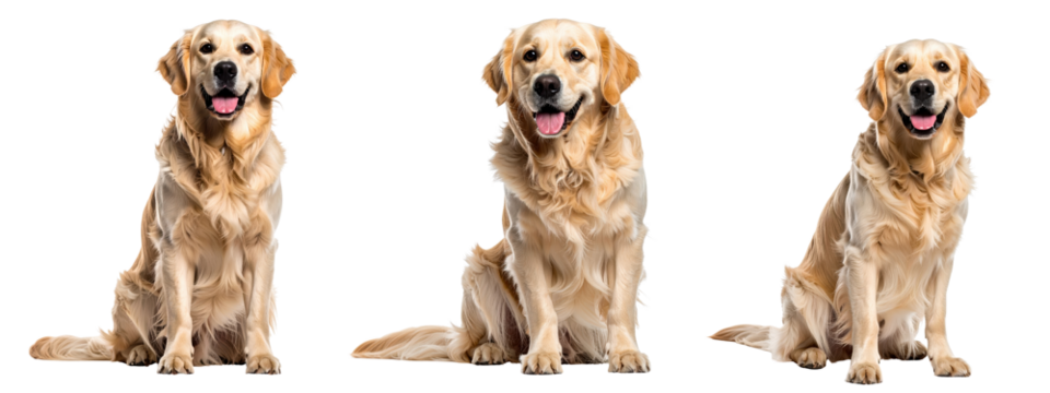 Golden Retriever Poses: A sequence of three adorable golden retriever poses, each capturing the dog's friendly and happy demeanor, creating a heartwarming display of canine charm. - Powered by Adobe