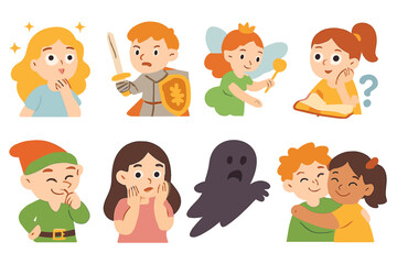 Fairy Tale Emotions. Flat vector mini-illustrations fairy tale emotions in colors children's illustrations: wonder, bravery,