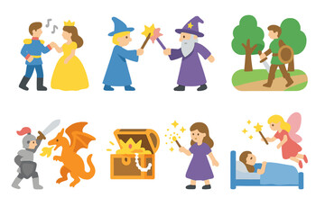 Fototapeta premium Fairy Tale Icons. Flat vector mini-illustrations fairy tale events and scenes in colors children's illustrations: royal ball,