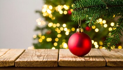 Red Christmas ornament on rustic wood