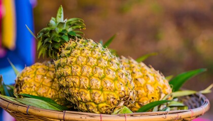 Fresh pineapples in a basket