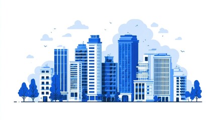 Cityscape of modern buildings, stylized in blue