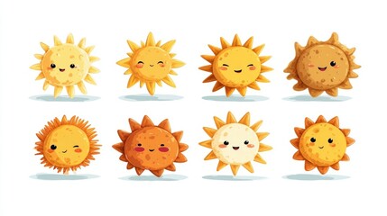 Cute cartoon suns in various shades of yellow and orange