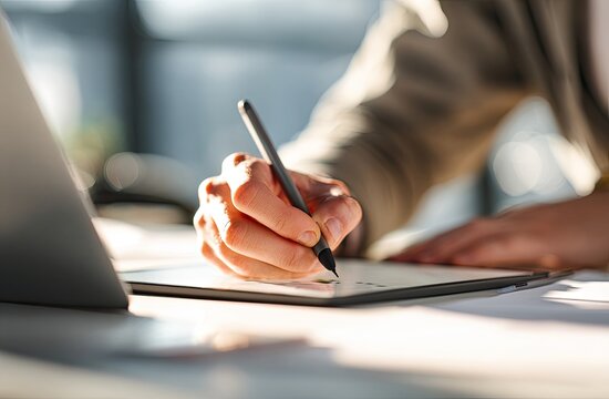 Close-up of hands using digital tablet and stylus