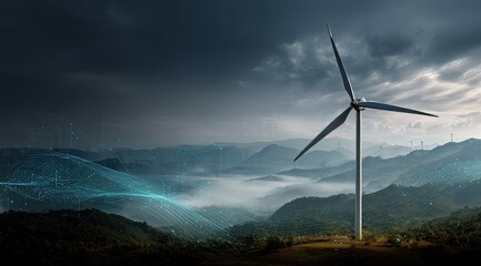 Wind turbine on a mountain range, digital network overlay