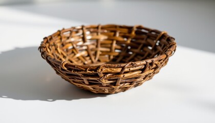 Obraz premium ultra sharp isolated serving bowl built from twigs and branches, detailed with woven natural pattern, offering compact and space saving, shown on bright white with minimal shadow.