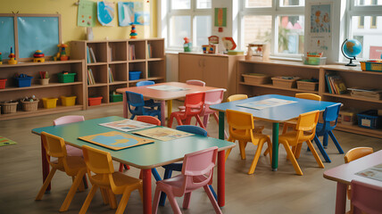 Colorful Preschool Classroom Interior with Tables, Chairs, and Shelves for Early Childhood Education