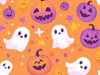 Seamless Halloween pattern with cute pumpkins, ghosts, and stars in pastel purple and orange background, kawaii spooky design for seasonal decoration, textiles, wrapping, and digital backgrounds