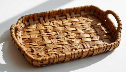 Obraz premium an upcycled forest waste compostable tray made from fallen oak leaves, highlighted by woven natural pattern and crafted with traditional techniques, shown on bright white with minimal shadow.