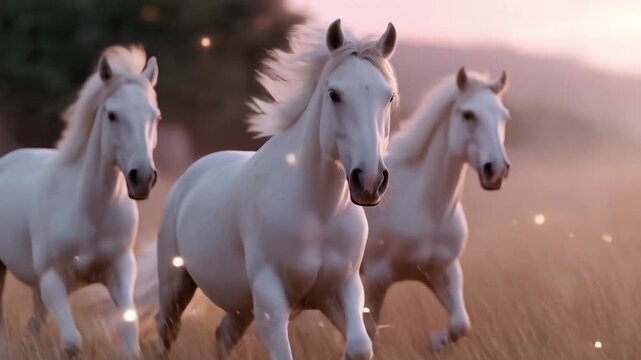 Surreal white horses running in glowing field, particles of golden light floating, dreamy atmosphere, pastel tones, soft vignette, luxury product advertisement, visionary brand storytelling