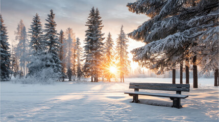 Winter snow covered park bench with pine trees and sunlight shining through forest in cold morning