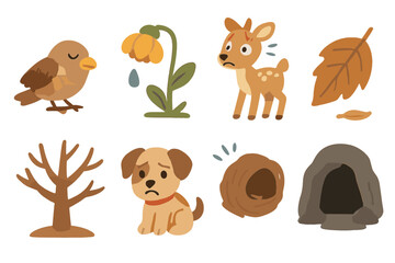 Obraz premium Nature's Struggles Icons. Flat vector mini-illustrations suffering in animals and nature in colors children's illustrations: