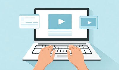 Laptop displaying video content, hands typing