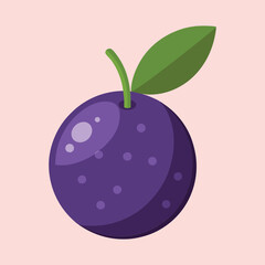 Stylized Single Plum with Leaf and Stem on Light Pink Background