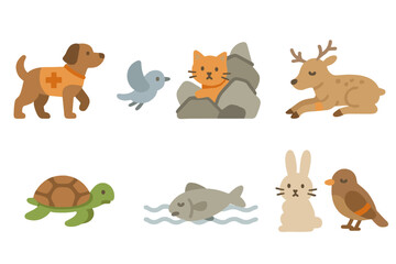 Fototapeta premium Rescue Animals Icons. Flat vector mini-illustrations disaster animals in colors children's illustrations: rescue dog, trapped cat,