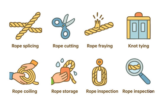 Rope and Elevator Icons. Flat vector mini-illustrations rope repair and maintenance in colors children's illustrations: rope