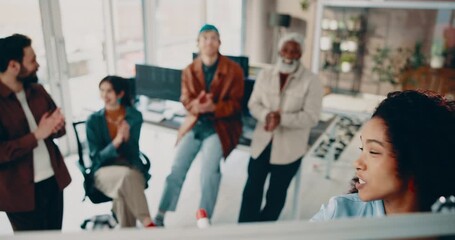 Programmer, presentation and applause with business woman in office for coding project, app success and team. Speaker, support and software engineer with employees in tech startup for planning - Powered by Adobe