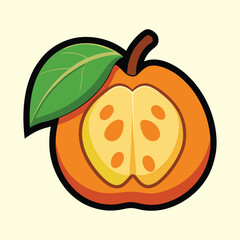 Illustration of a half sliced apricot fruit with a green leaf