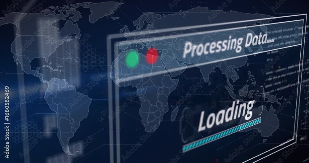 Aufkleber animation of data processing loading against world map