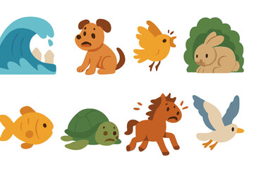 Fototapeta premium Tsunami Animal Icons. Flat vector mini-illustrations tsunami and animals in colors children's illustrations: frightened dog,