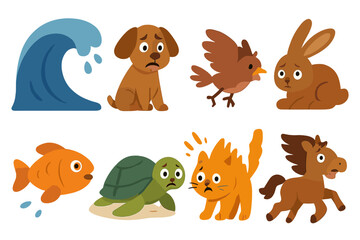 Tsunami Animal Icons. Flat vector mini-illustrations tsunami and animals in colors children's illustrations: frightened dog,