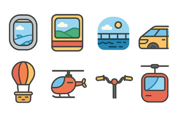 Obraz premium Vehicle Windows Icons. Flat vector mini-illustrations panoramic views from vehicles in colors children's illustrations: airplane