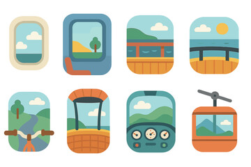 Obraz premium Vehicle Windows Icons. Flat vector mini-illustrations panoramic views from vehicles in colors children's illustrations: airplane