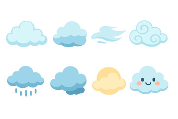 Obraz premium Whimsical Cloud Icons. Flat vector mini-illustrations cloud shapes and patterns in colors children's illustrations: fluffy cloud,