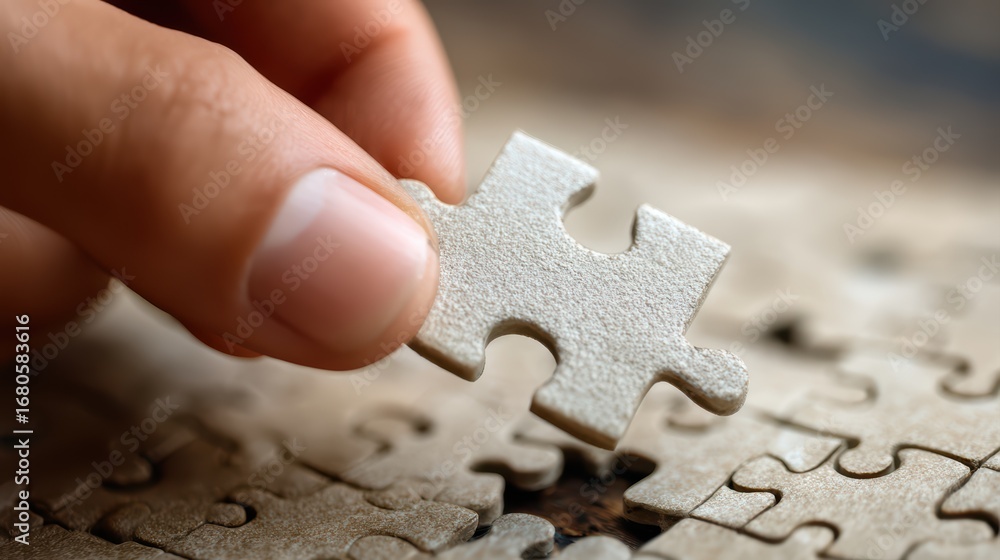 Poster closeup of a hand assembling puzzle piece, capturing creativity and problem solving perfect for insp