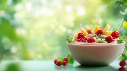 fruit smoothie bowl display with natural green blur background, space for text