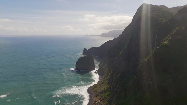 Aerial Drone Shot Of Rocha Do Navio National Nature Reserve's Lush Green Cliffs And Coastline In Santana, Madeira, Portugal.