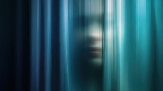 Blurred face peeked through teal curtains - Powered by Adobe