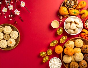 Festive food arrangement on red background (1)