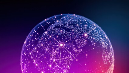 Glowing network globe with interconnected nodes and lines on a colorful gradient background