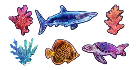 Fototapeta premium Colorful Marine Animals and Coral on Transparent Background