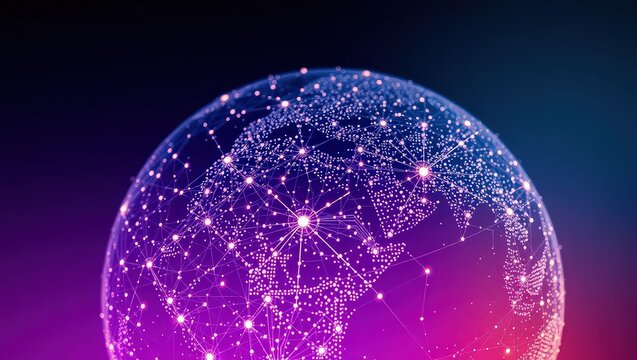 Glowing network globe with interconnected nodes and lines on a colorful gradient background