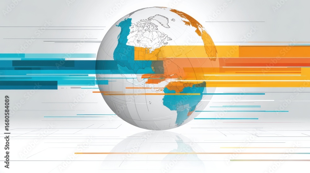 Poster dynamic globe depicting global connectivity and movement through vibrant color streams indicating sp