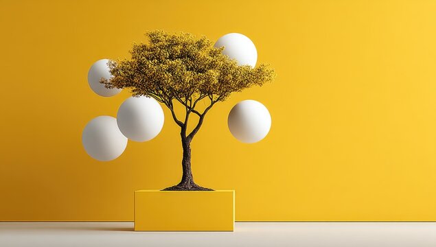 Yellow backdrop, tree, white orbs