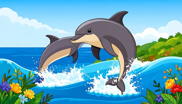 Two dolphins leaping in a vibrant ocean scene